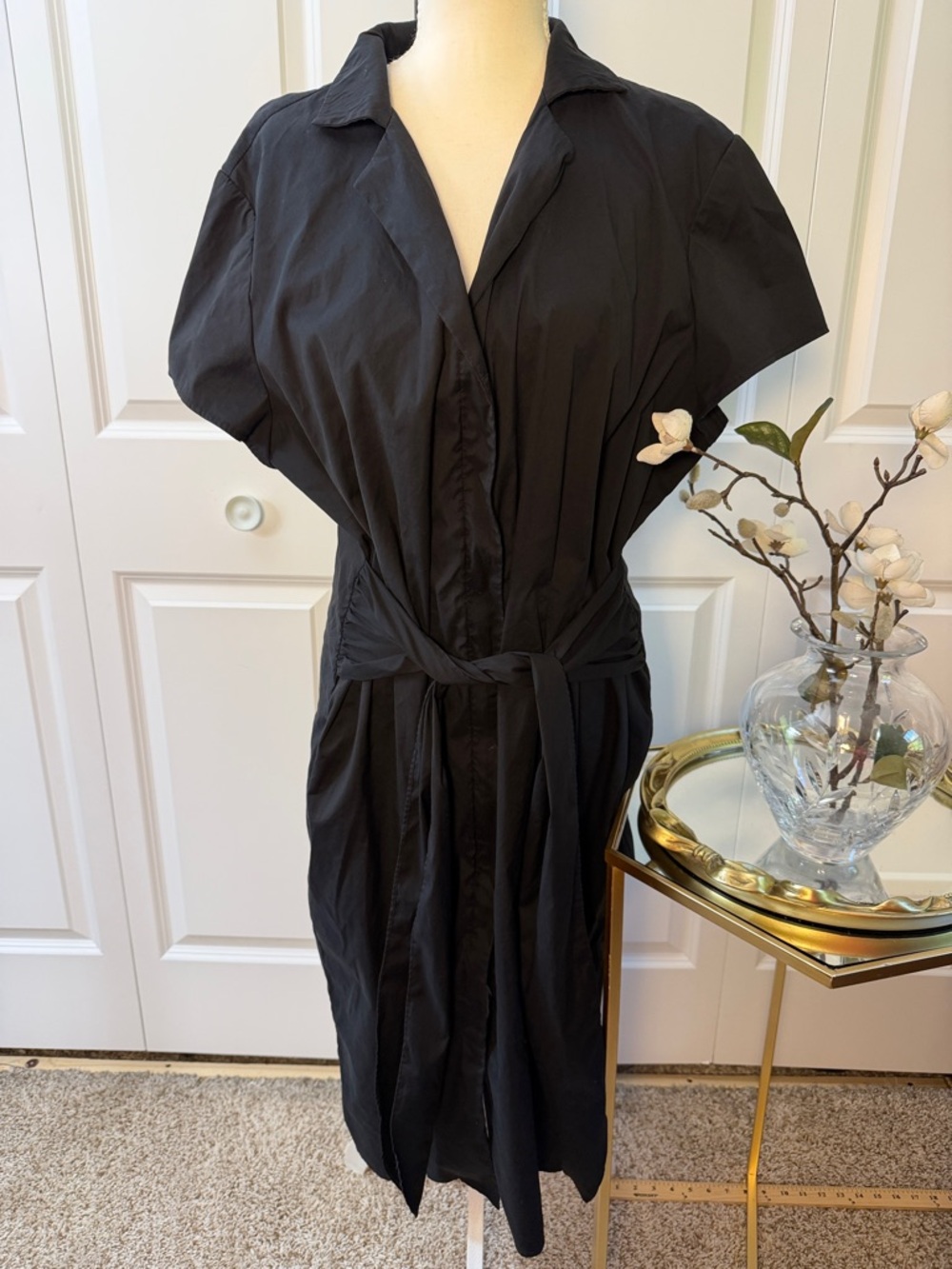 Lafayette 148 New York Black Midi Shirt Dress with Waist Tie